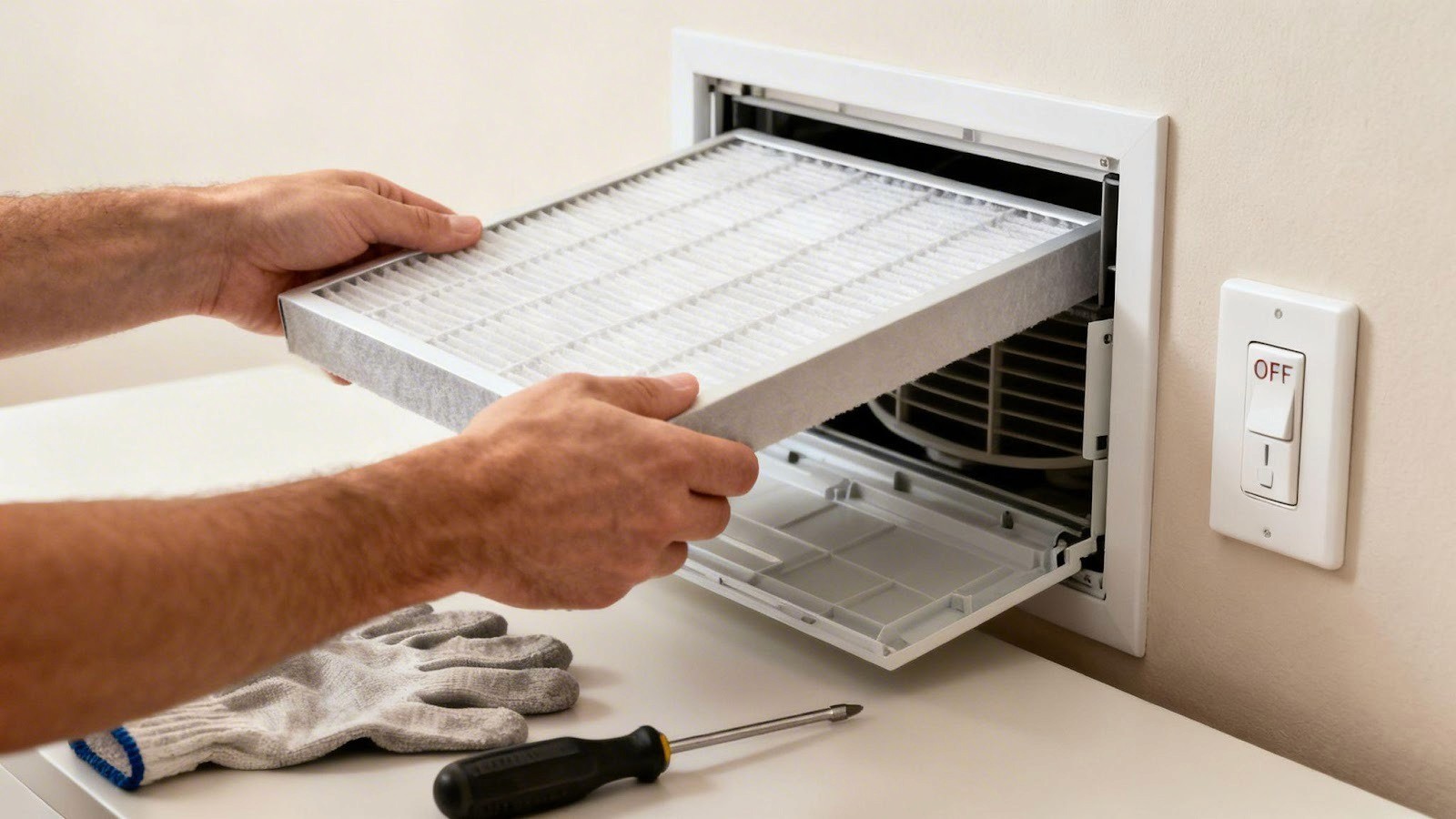 Hands replace a clean air filter in a wall-mounted HVAC unit, with tools nearby.