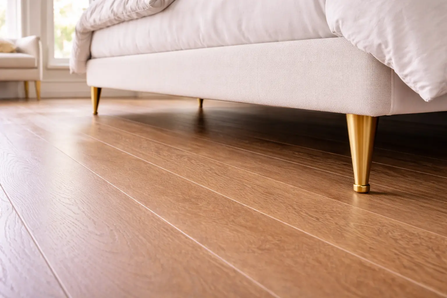 A clean hardwood floor underneath a bed with gold legs, showing a dust-free and vacuumed surface after a professional deep cleaning of hard-to-reach areas.