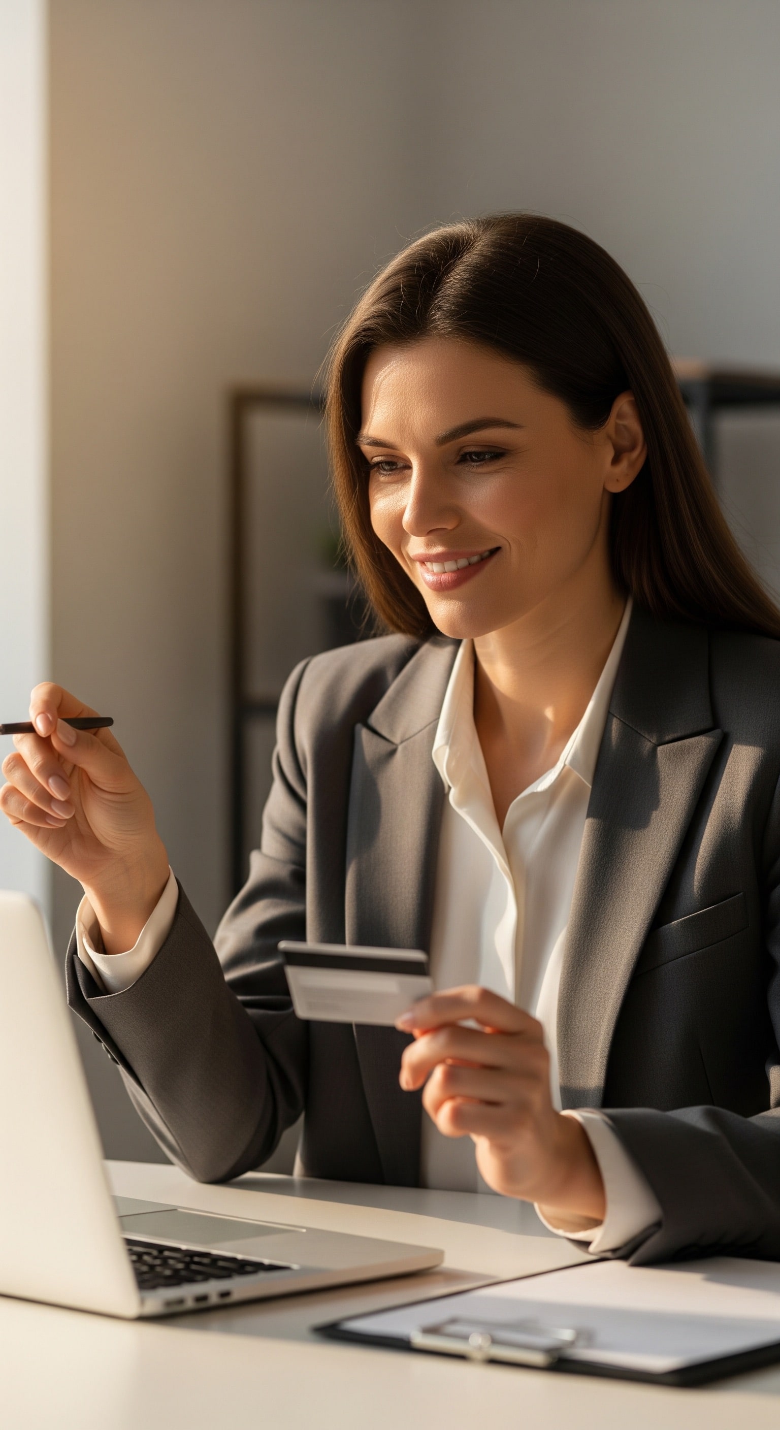 A woman in a striped shirt holds a credit card while using a laptop, bathed in warm sunlight in a cozy, modern setting.