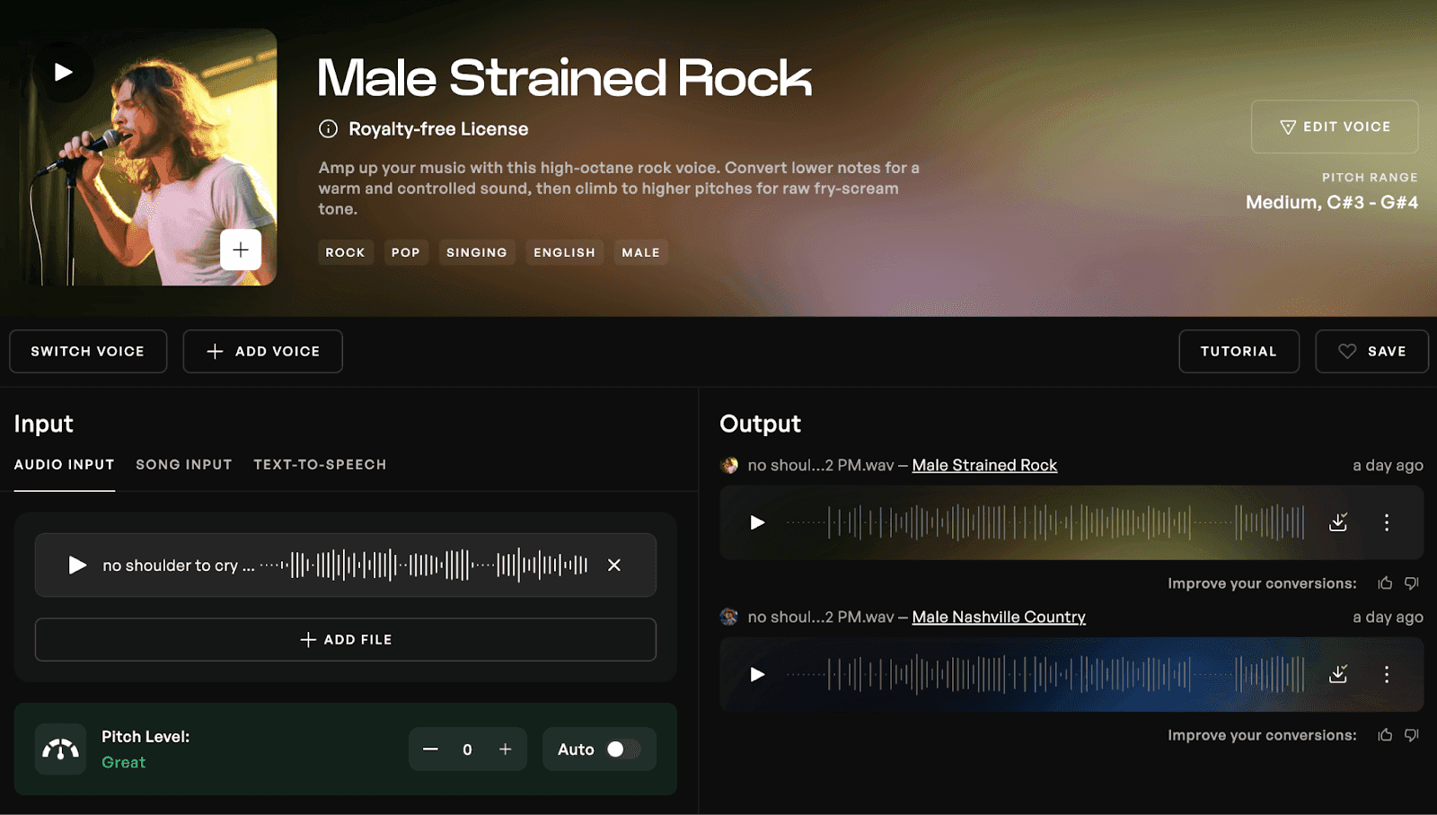 Open convert page on Kits AI with the Male Strained Rock voice selected