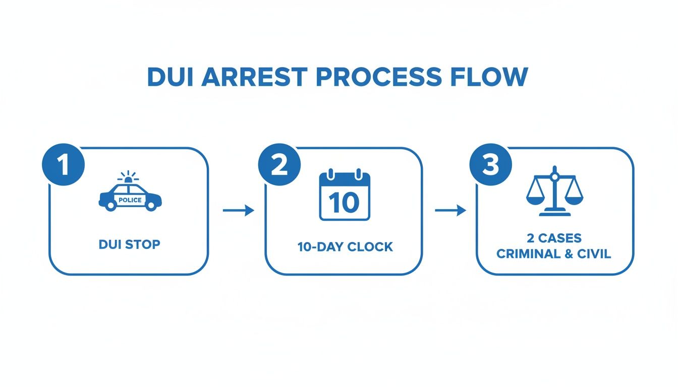 Diagram illustrating the three-step DUI arrest process: DUI stop, 10-day clock, and criminal & civil cases.