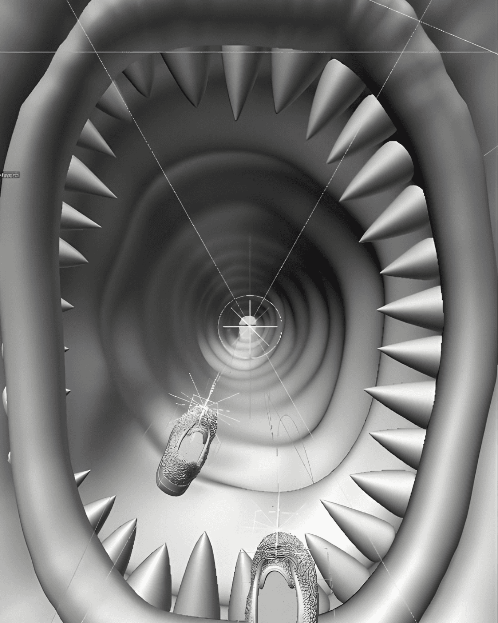 A grayscale 3D model of a shoe falling through a deep, toothy tunnel or throat