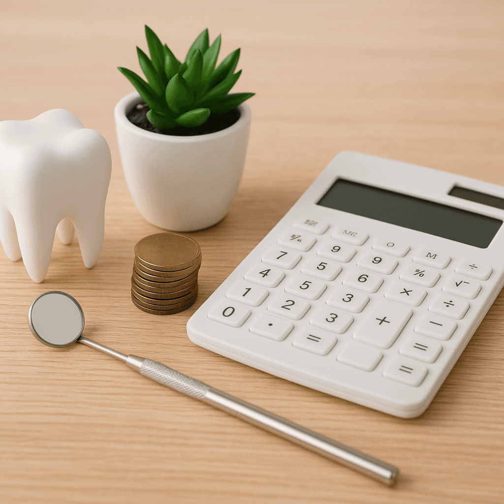 A calculator, a plant, and a tooth sitting on a table.
