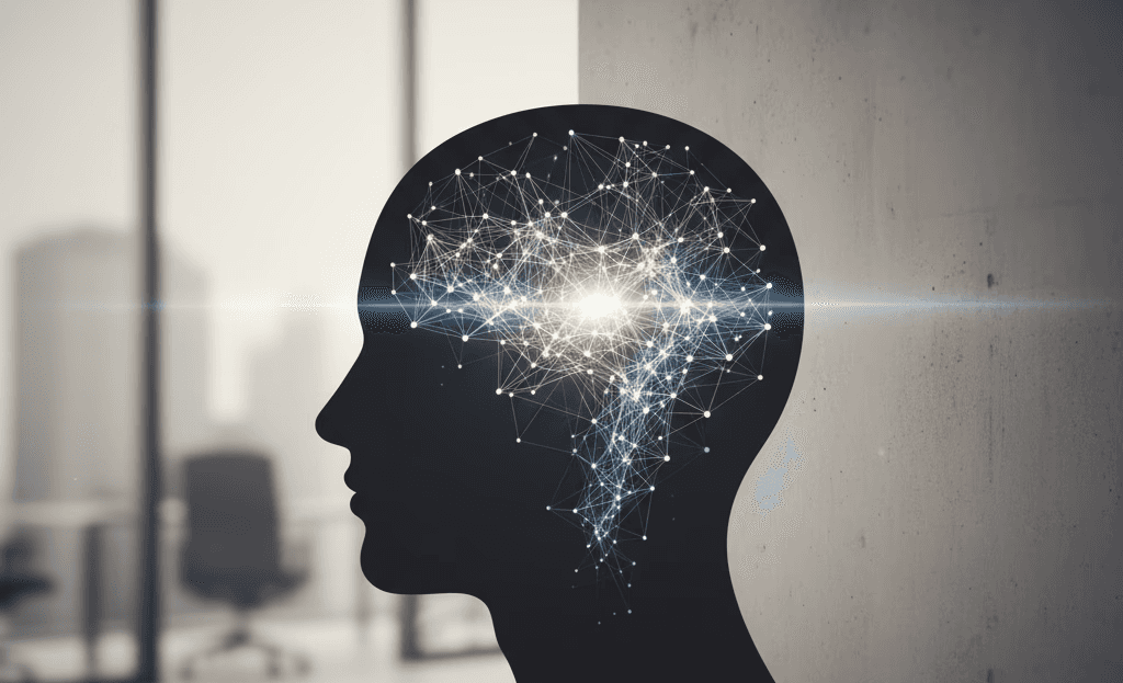 Symbolische Darstellung der Katharsis: In einer Kopf-Silhouette leuchten vernetzte Neuronen auf und visualisieren den Moment der neuronalen Synchronisation und des tiefen Verständnisses.