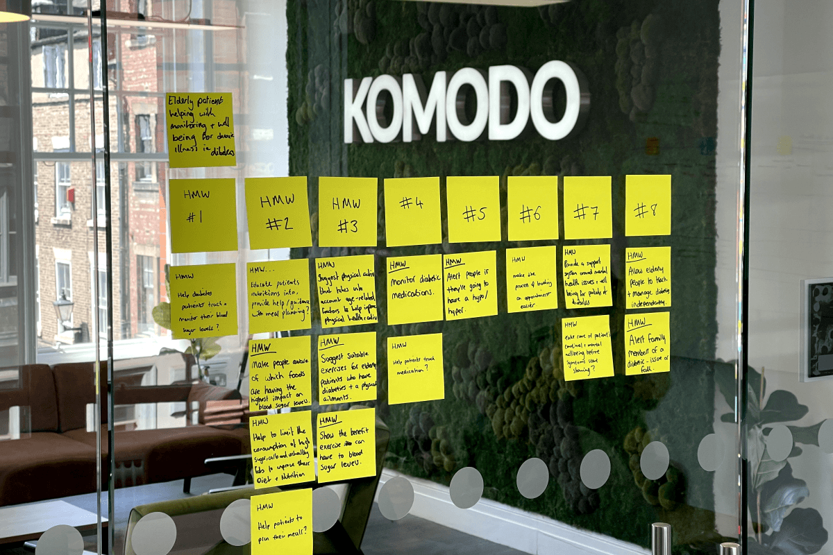 A grid of bright yellow post-it notes on a glass wall at the Komodo studio