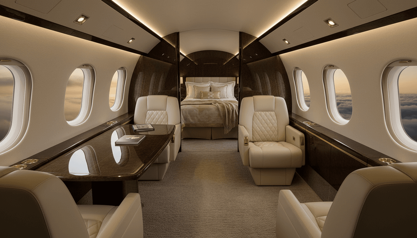 Ultra-long-range private jet interior with bedroom and meeting space — for Seoul–Middle East routes
