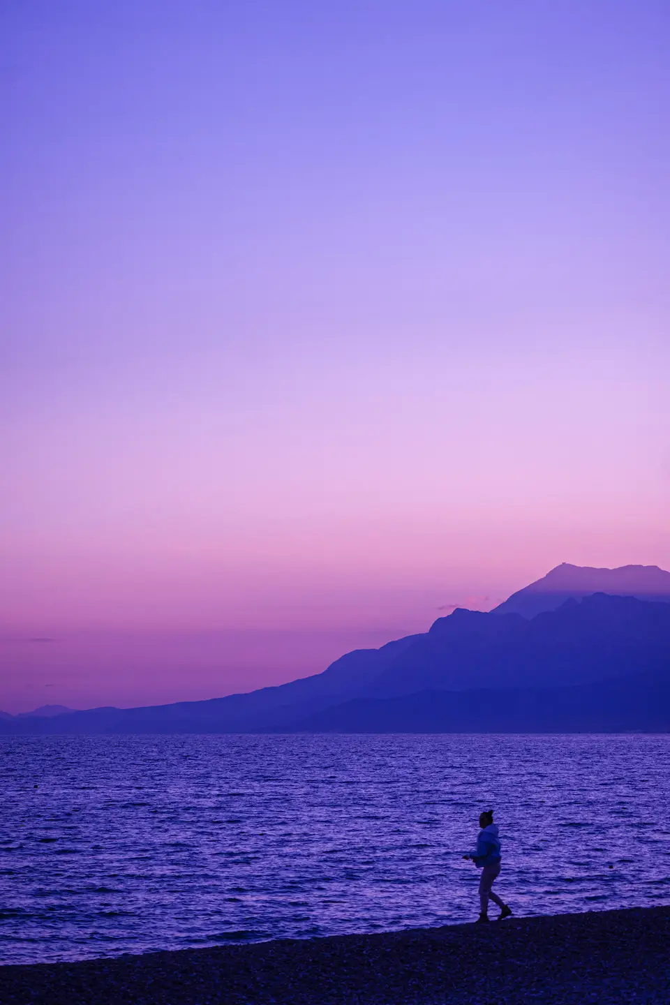 Purple mountain landscape reflected in a still lake at dusk