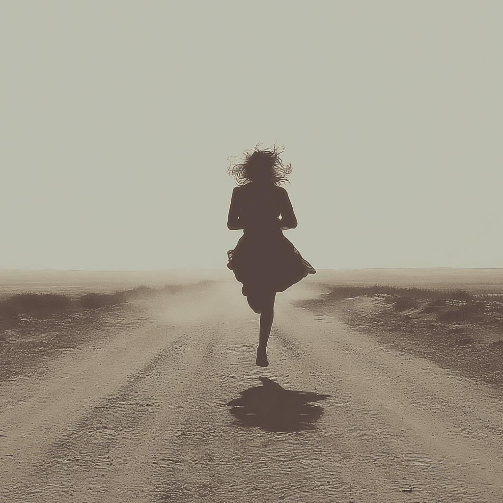Silhouette of a woman running down a dusty desert road, her hair blowing in the wind, captured mid-air as she leaps forward. The background is minimalist and washed out, creating a dreamy, cinematic feeling of freedom or flight.