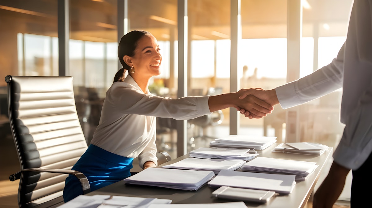 Smiling businesswoman shaking hands across a desk.