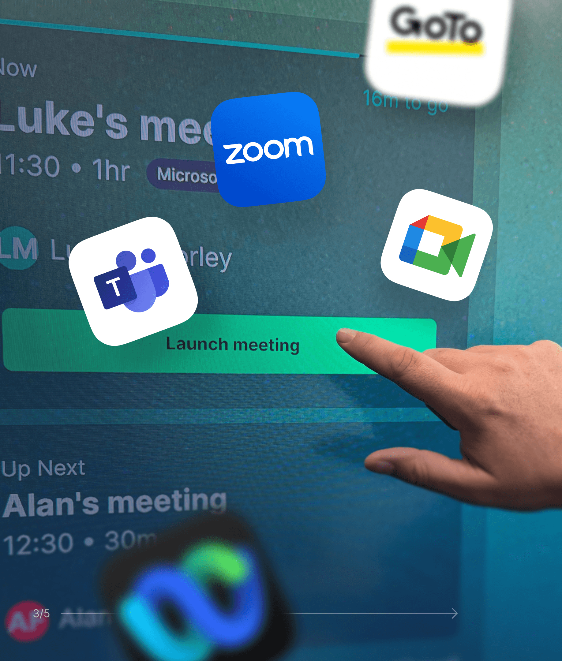 Close up of a finger about to press the button to launch a call from the Launcher home screen