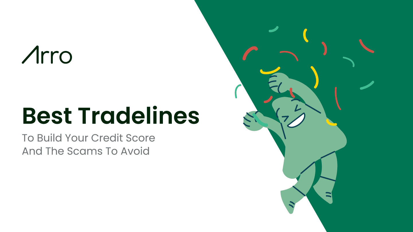 Joyfull Artie jumping. The background text reads as "Best Tradelines To Build Your Credit Score".