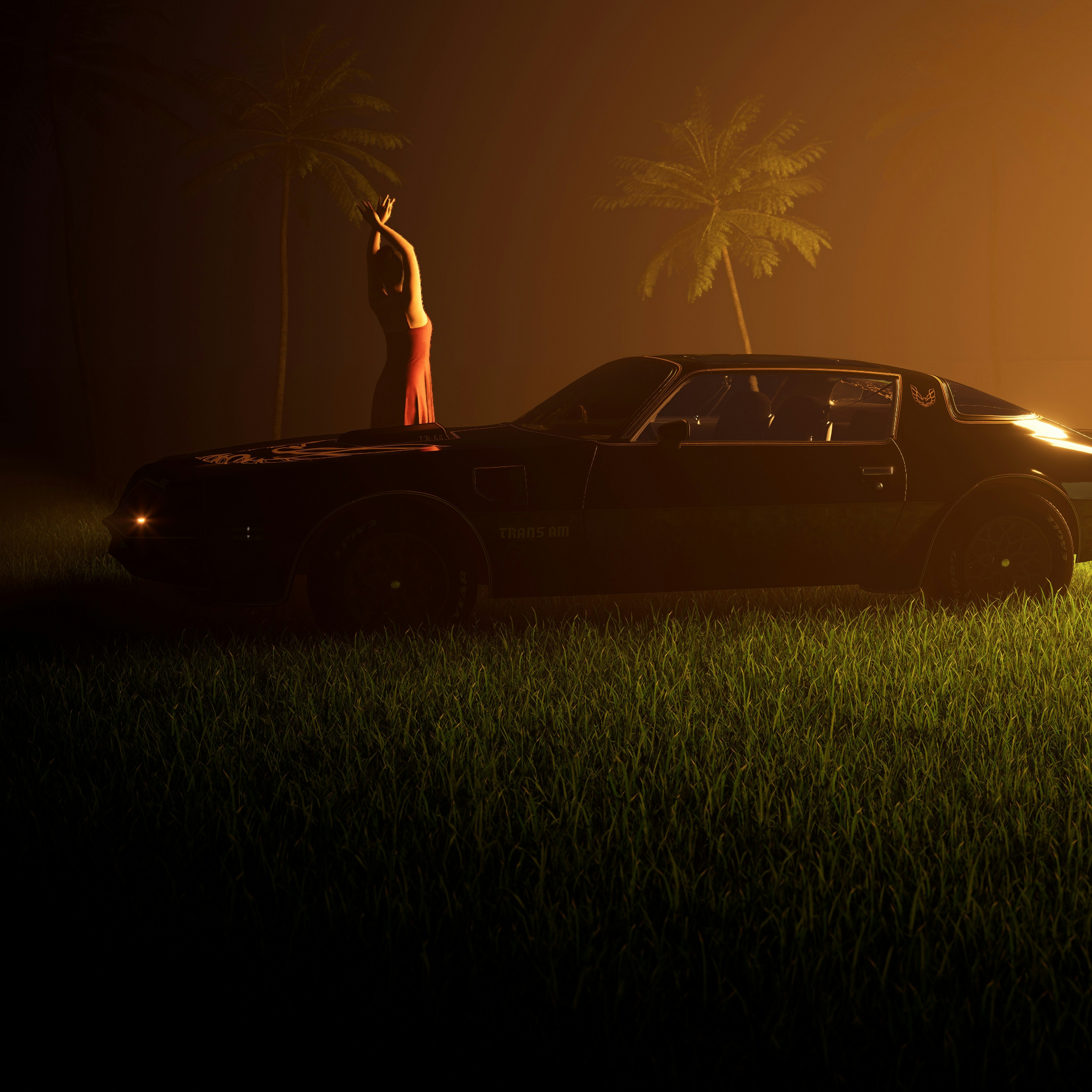 Woman in red and black car at night