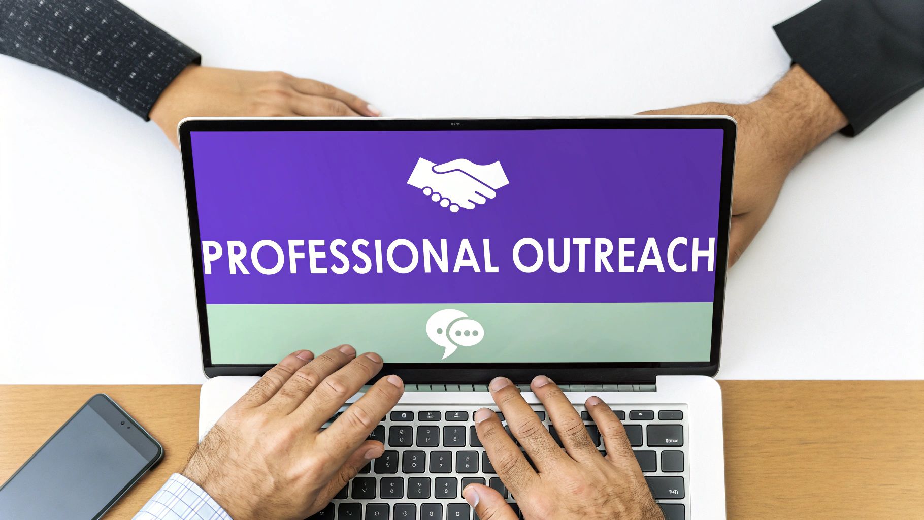 Overhead view of hands on a laptop displaying 'Professional Outreach' with handshake and chat icons.