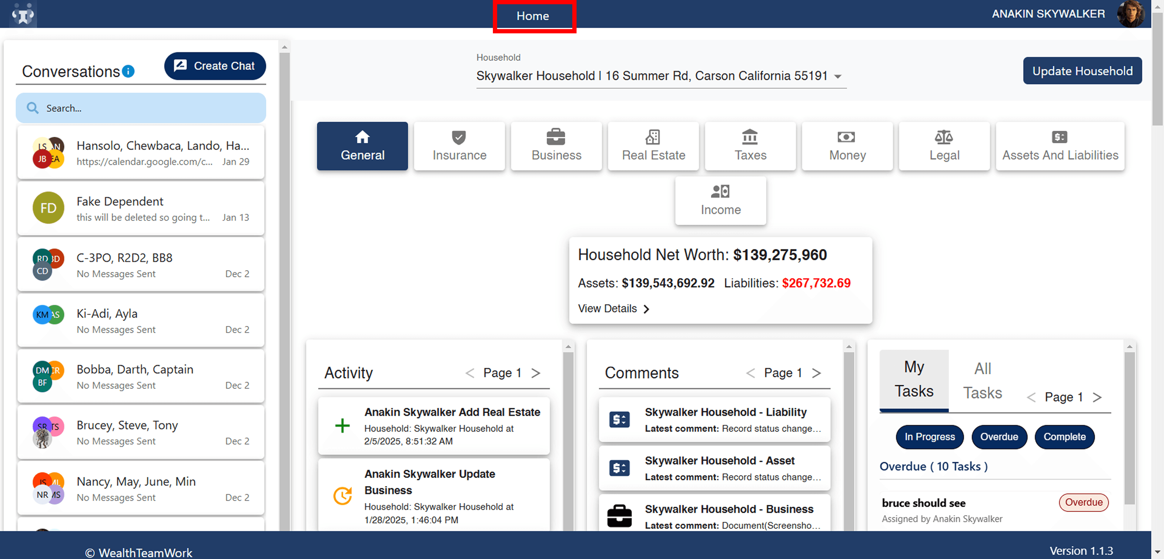 Pre-redesign WealthTeamWork dashboard showing limited household navigation with only a home tab visible in the top menu.