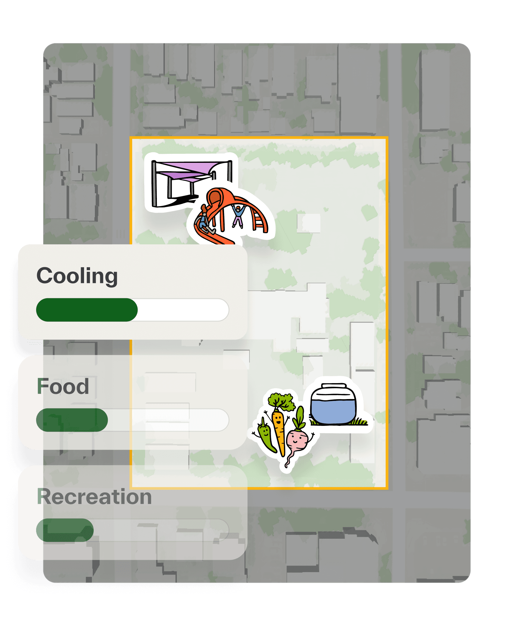 Remedies for cooling, food, and recreation are sketched onto a selected project site within the Field Kit.