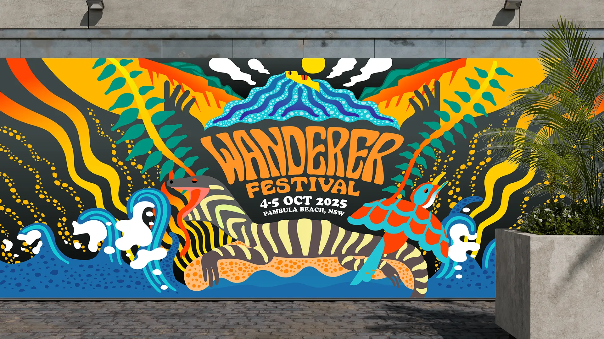 Wanderer Festival billboard with designed illustration with brand typography and palette.