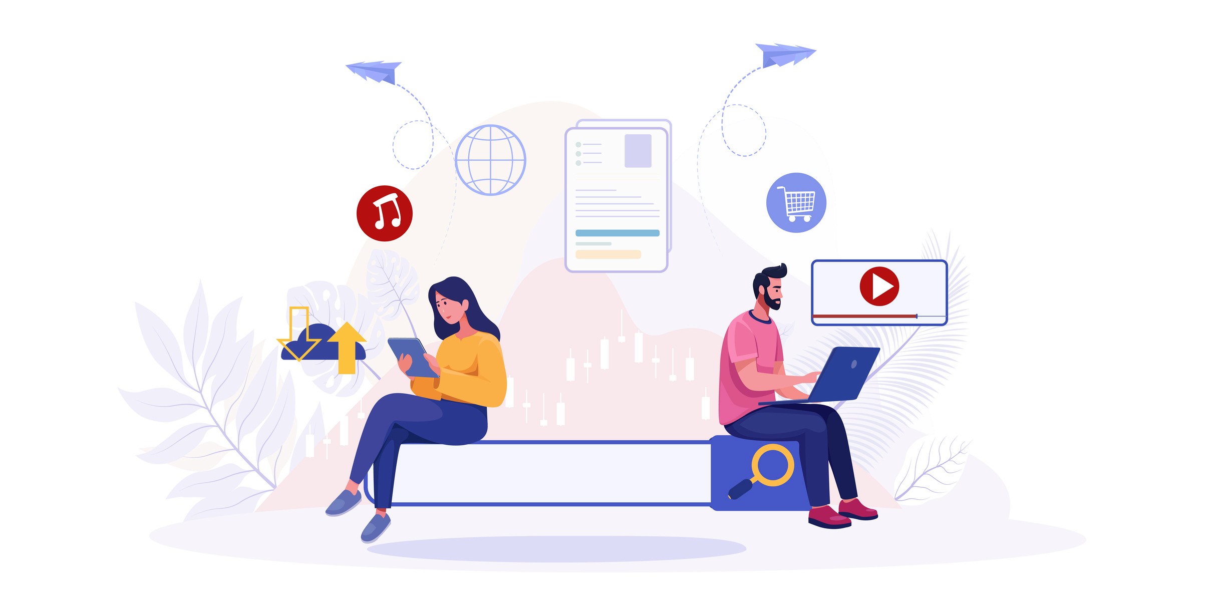 Two creators on devices surrounded by content icons including video, music, and e-commerce representing digital marketing
