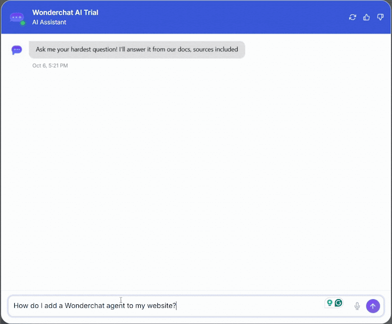 Wonderchat answers a website-installation question with a visible source, then declines an account-specific refund request and offers a human support path.