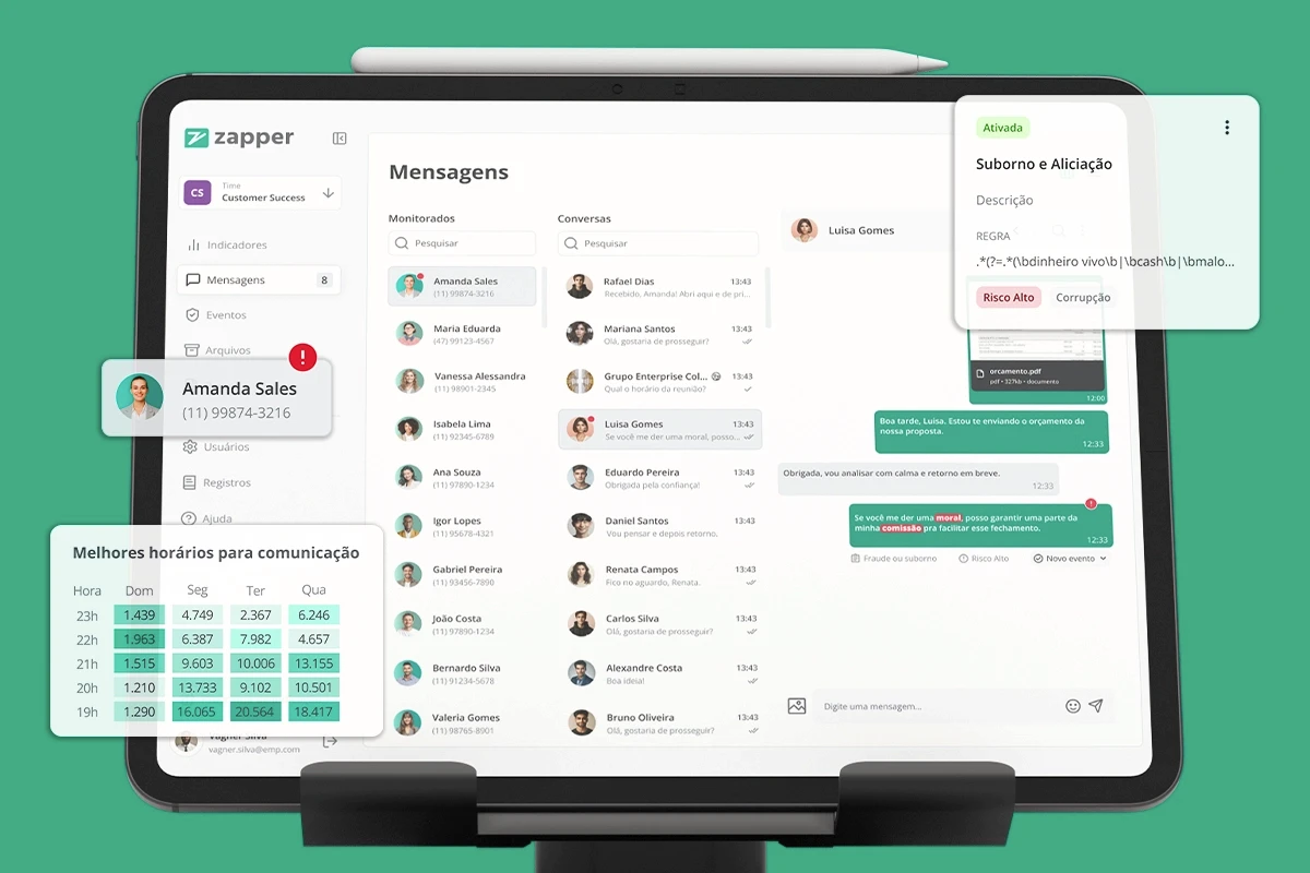 Tablet com a ferramenta de monitoramento e inteligência conversacional de WhatsApps corporativos