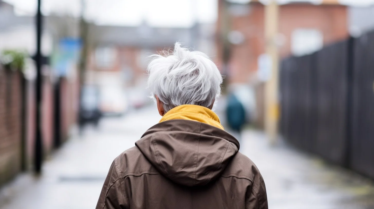 Back of the head of an older woman with grey hair. She is wearing a coat and walking down a street in the UK.