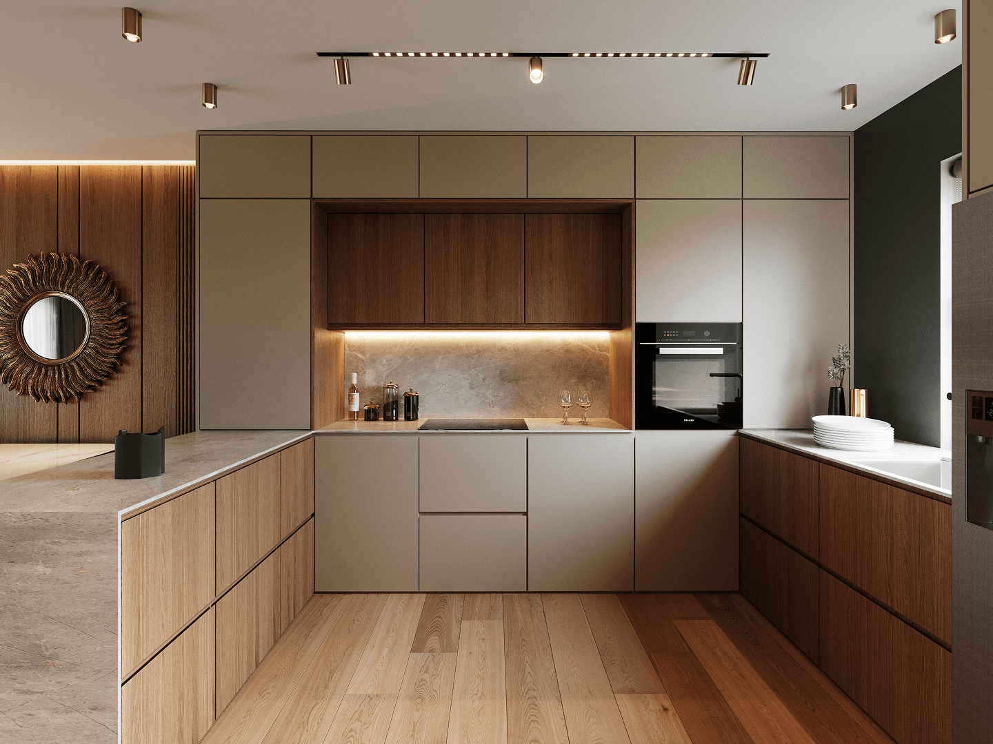 Plans + échantillons + écran avec 3D meublée (ambiance sobre).