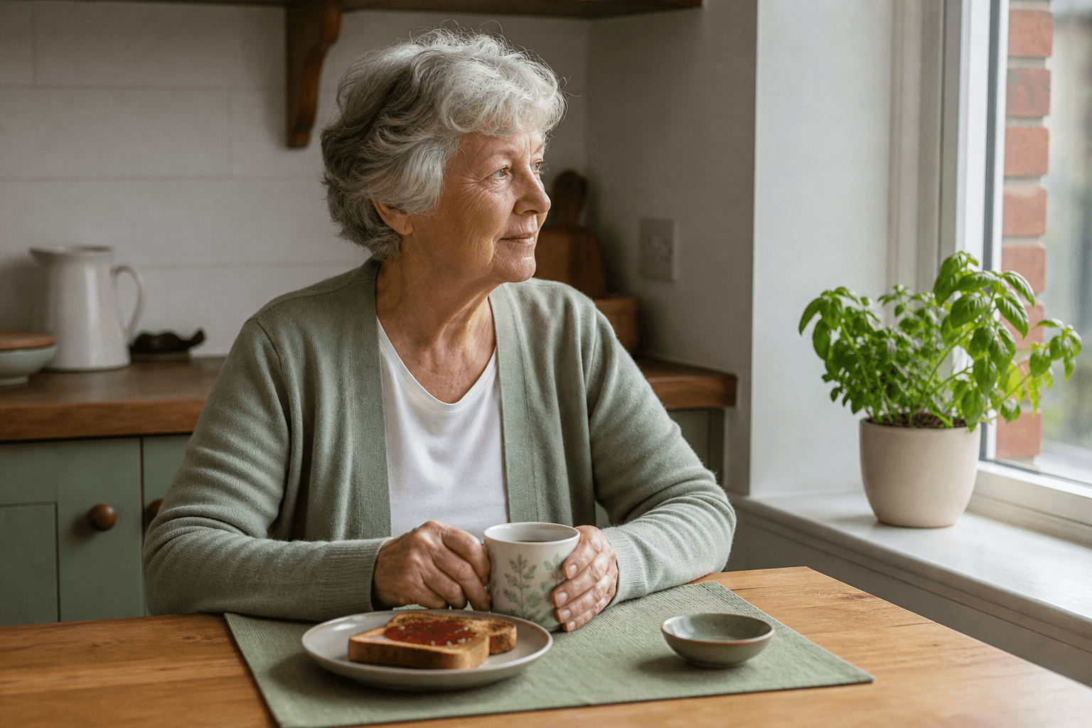 This image shows an elderly couple sitting at a dining table in a bright, cozy room, engaging in a conversation while reviewing a printed daily routine checklist. The checklist includes activities such as morning walk, drinking water, stretching, watering plants, reading, having a healthy lunch, and following a bedtime routine, each accompanied by an illustrative icon. The couple is enjoying a healthy meal with green tea and plates featuring fresh fruits and avocado toast. The setting emphasizes healthy lifestyle habits and wellness planning for seniors, useful for healthcare, wellness promotion, or lifestyle coaching documentation.