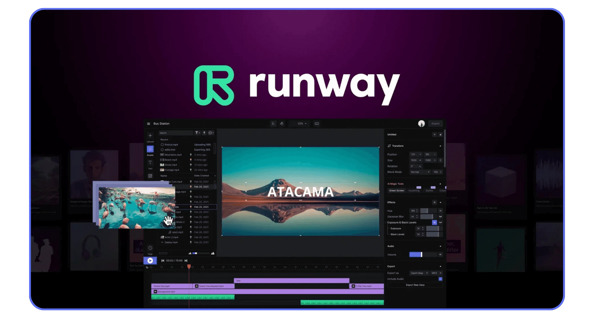 Screenshot of the Runway video editing interface showing a project titled “ATACAMA,” with layers and editing tools visible. The Runway logo is displayed above the interface on a purple gradient background.
