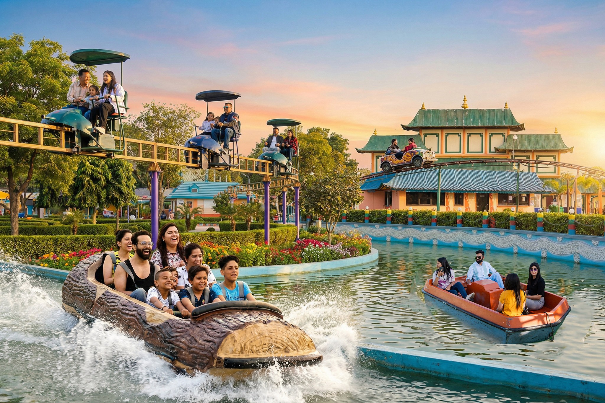Cozy orange velvet lounge chair by glowing lamp.