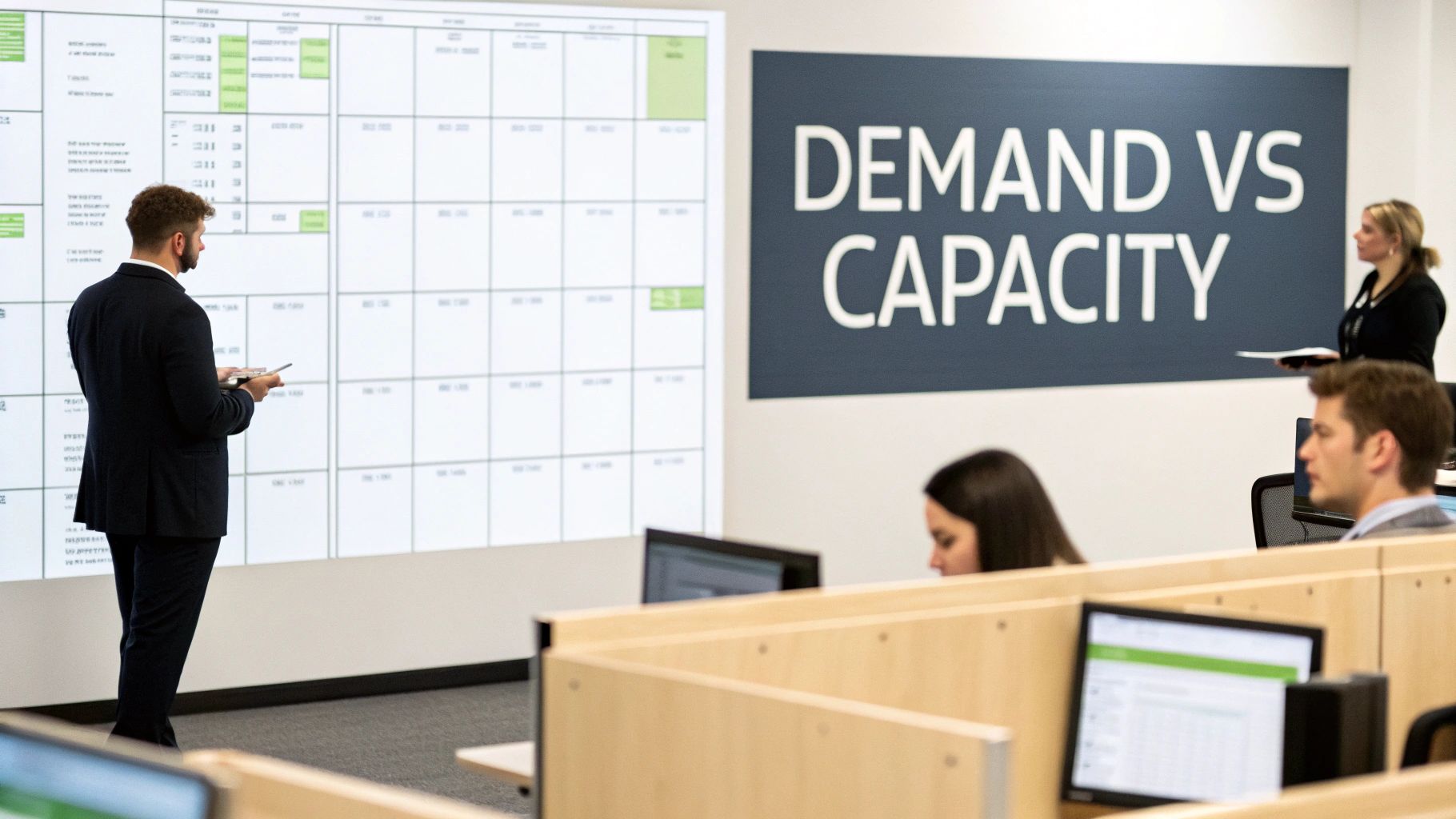 A man presents a staffing schedule on a large screen in an office, discussing demand vs capacity.