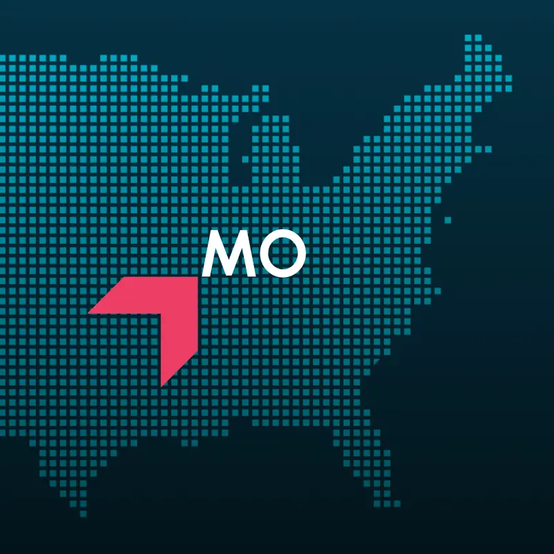 Map highlighting Missouri with a red arrow, representing GIA Group, LLC truck insurance coverage area.