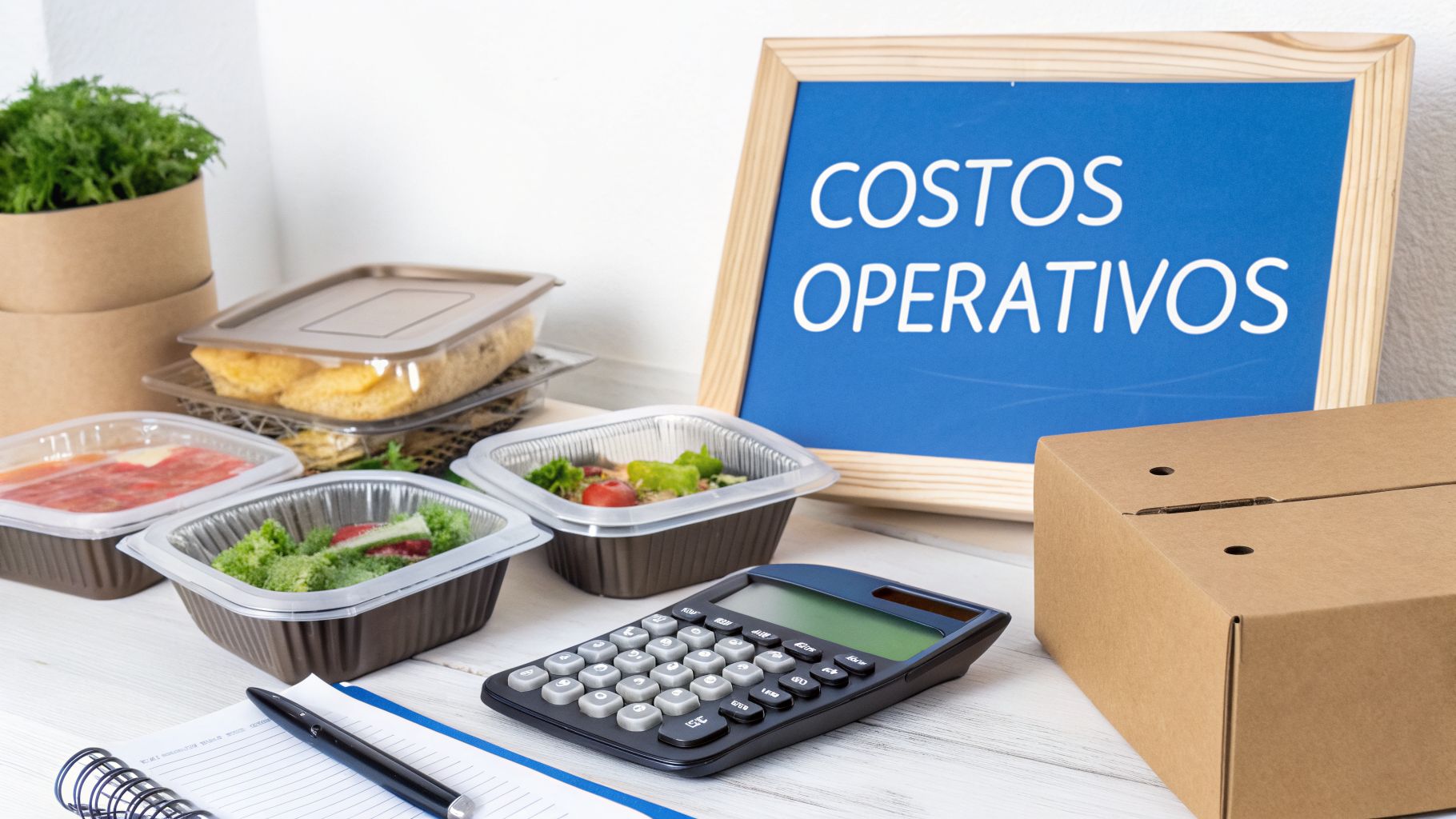 Mesa con recipientes de comida, calculadora, cuaderno y pizarra azul con 'Costos Operativos'.