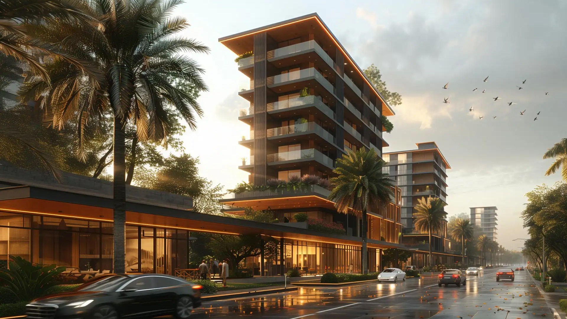 Luxury high-rise building at dusk with warm interior lighting surrounded by tropical palm trees along a reflective wet street.