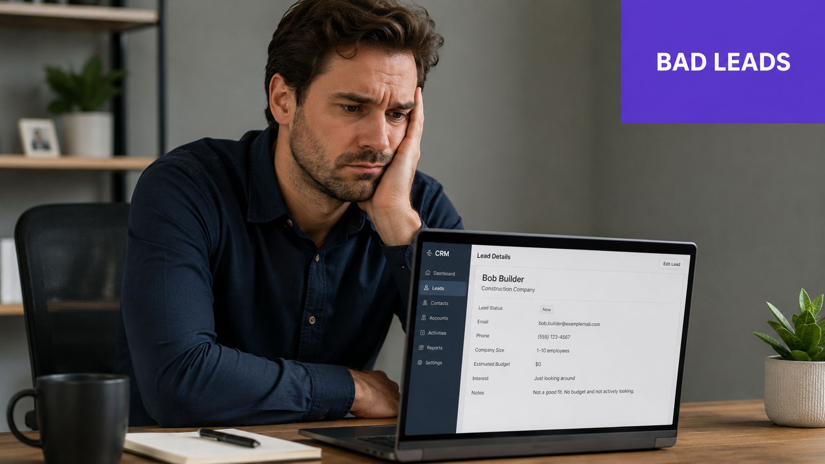 A frustrated businessman sitting at a desk looking at a bad sales lead on his laptop screen.