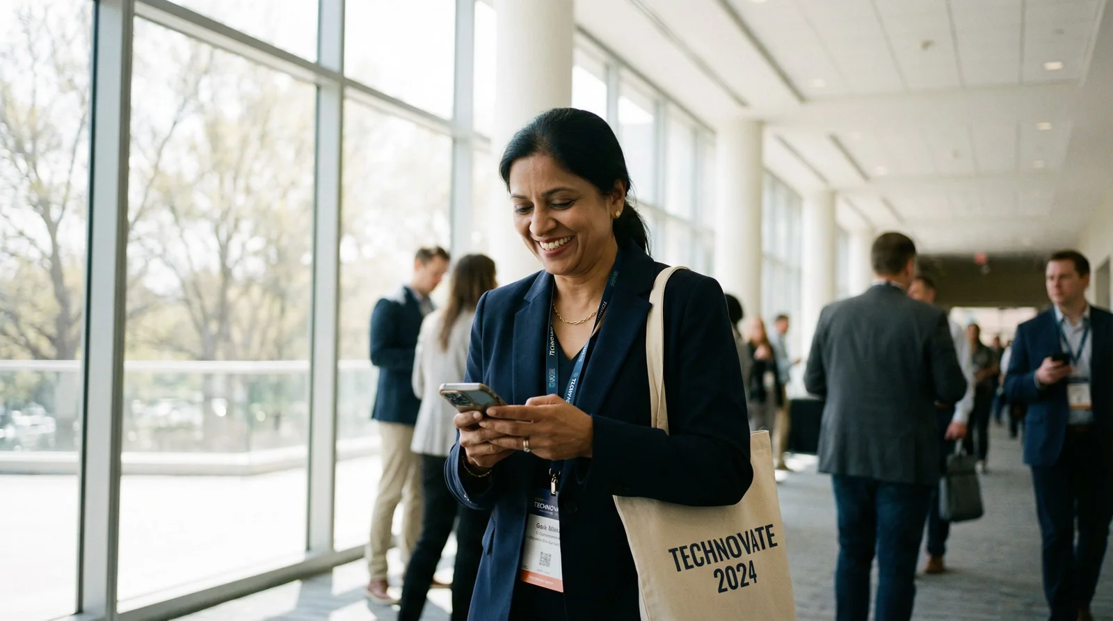 Professional with TechNovate 2024 conference lanyard, genuine smile while reviewing phone, bright conference hallway daylight
