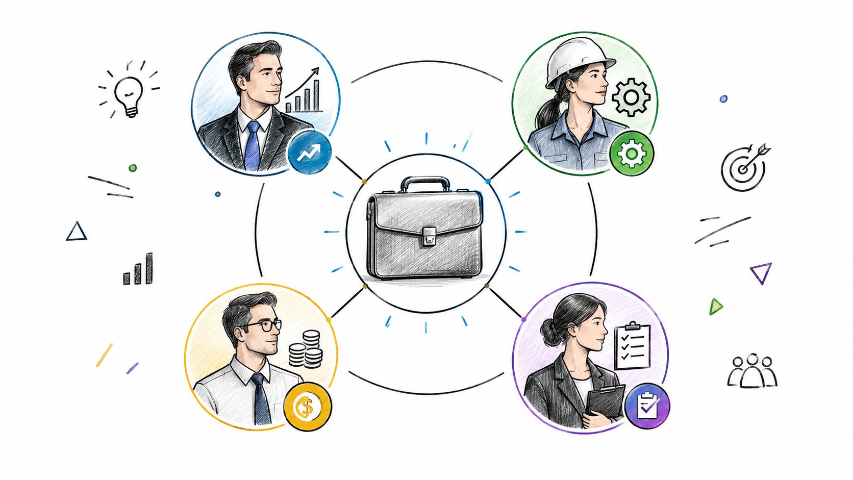 A central briefcase icon connected to four professional avatars representing diverse business roles and expertise areas.