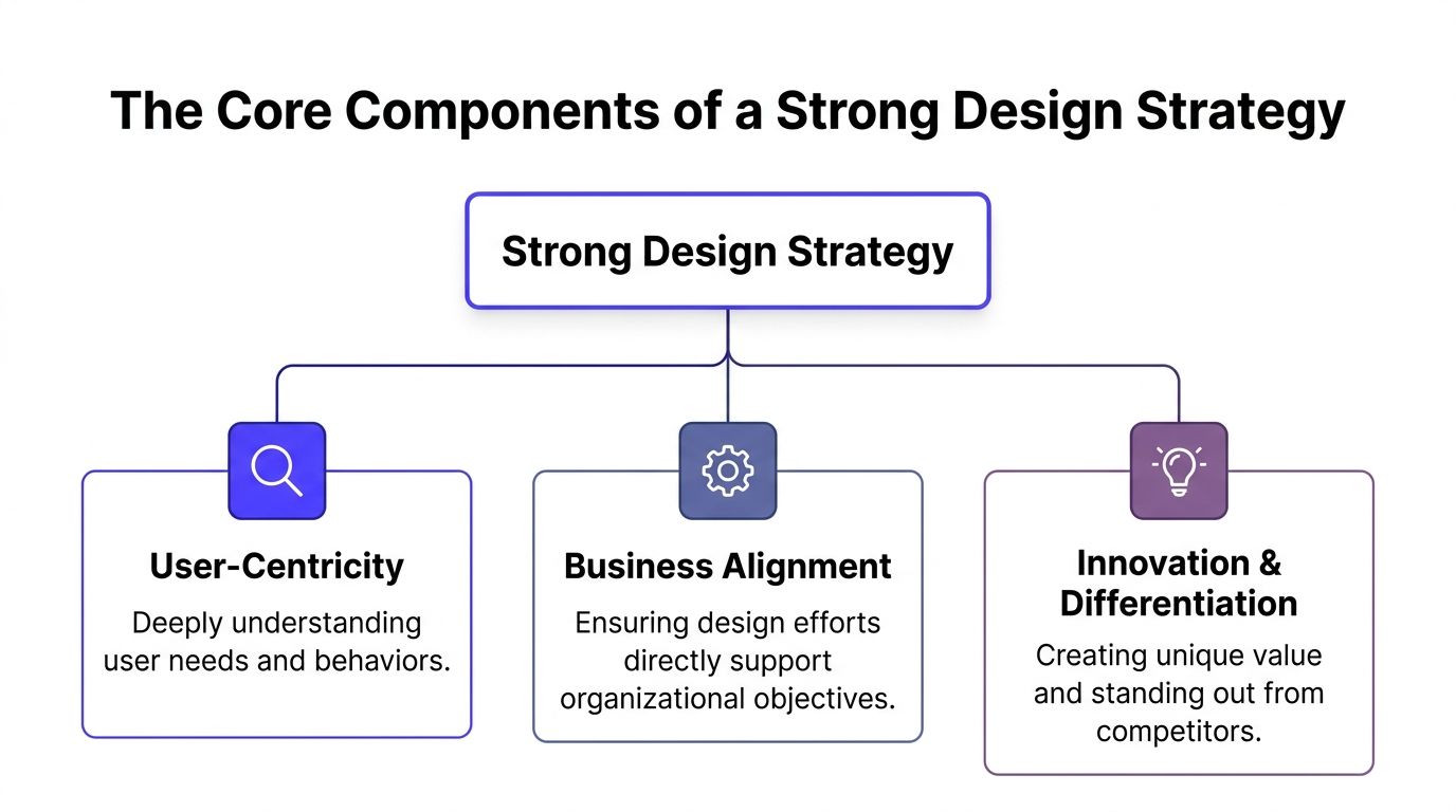 A diagram outlining the three core components of a strong design strategy: User-Centricity, Business Alignment, and Innovation.