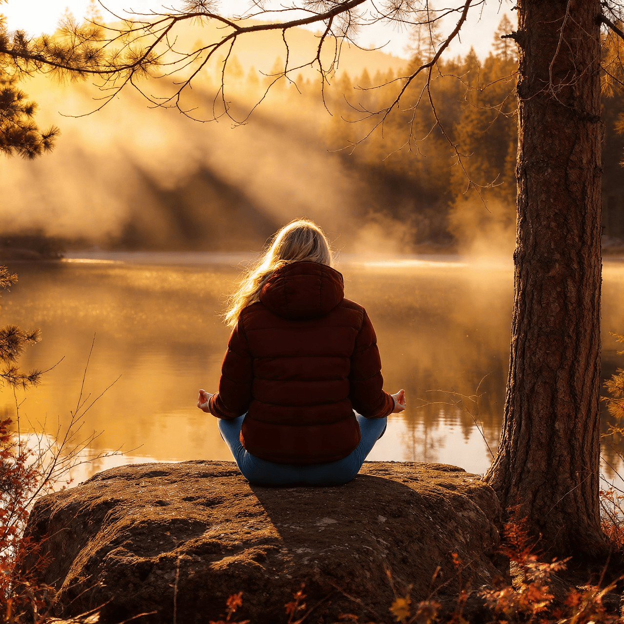 Rear view of woman meditating by a lake at sunset.