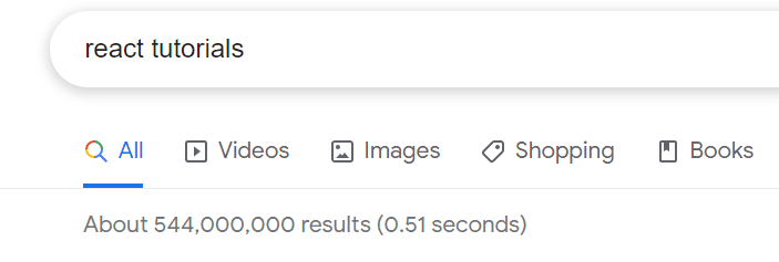 Google results showing the number of results for React tutorials: 544,000,000