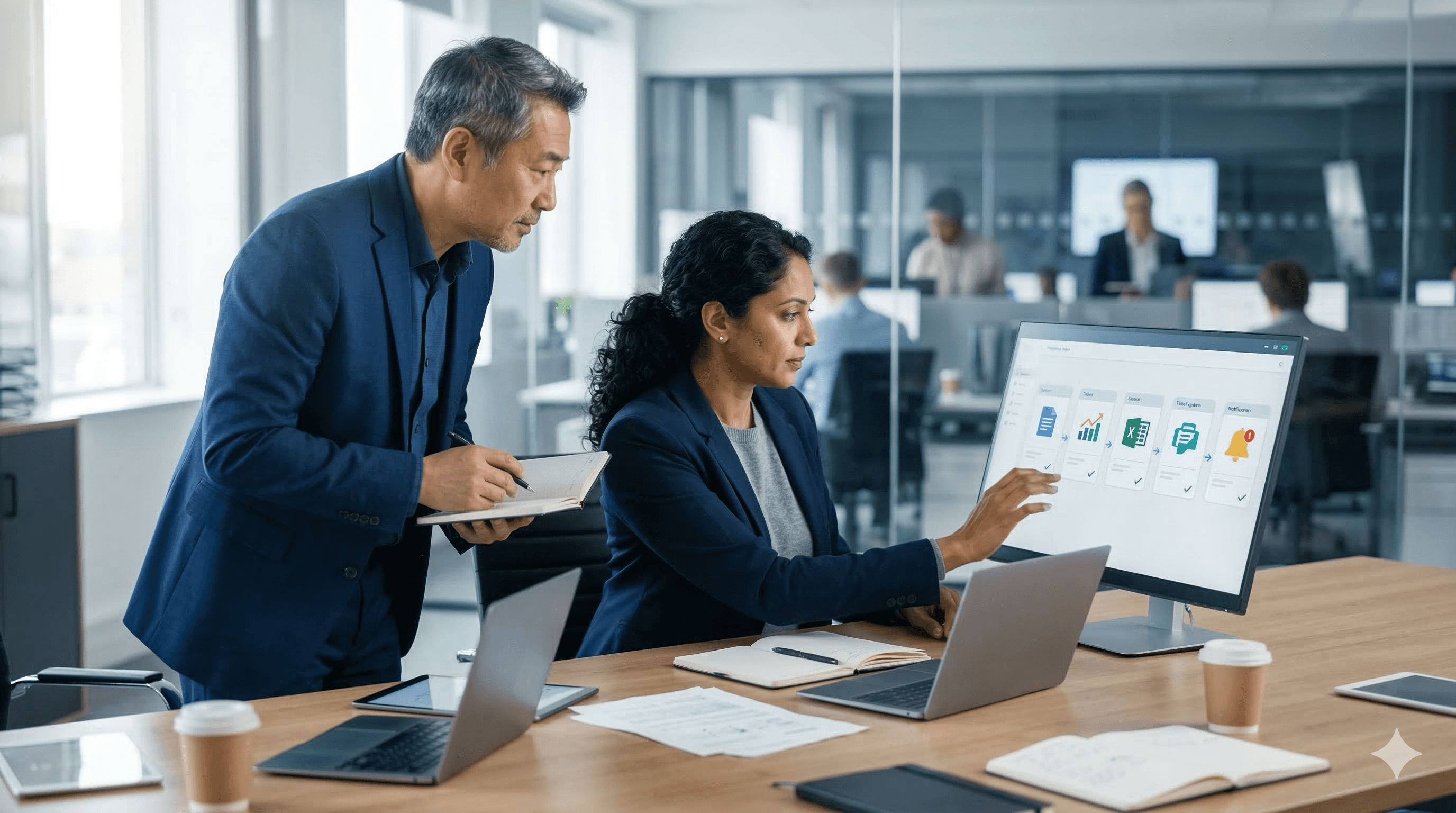 A professional office setting with two people collaborating on a large computer monitor displaying various AI orchestration models, surrounded by laptops, notebooks, and coffee cups, illustrating the concept of enterprise technology integration.