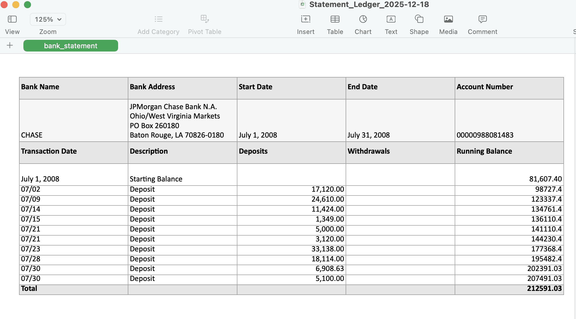 Excel bank statement output
