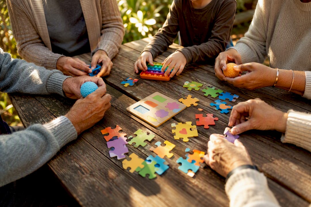 Manos sosteniendo juguetes sensoriales y rompecabezas en un grupo