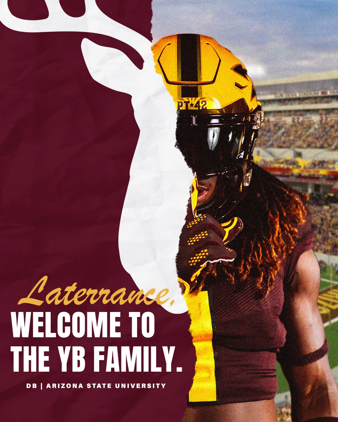 Split-screen graphic of ASU DB Laterrance Welch next to a white buck silhouette on a maroon background.