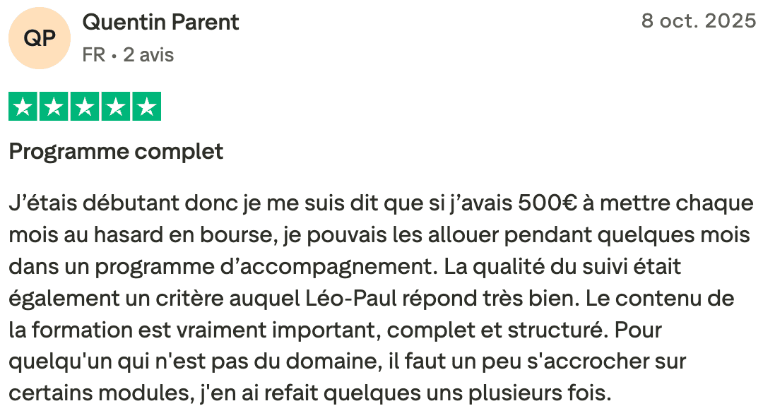 Avis Trustpilot 5 étoiles – Quentin Parent, France, formation bourse complète avec suivi et coaching Léo-Paul