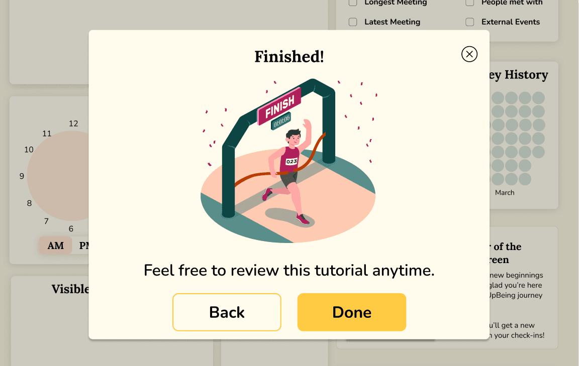 Illustrated onboarding completion screen showing a person inside a geometric frame with ‘Finished’ message and action buttons.