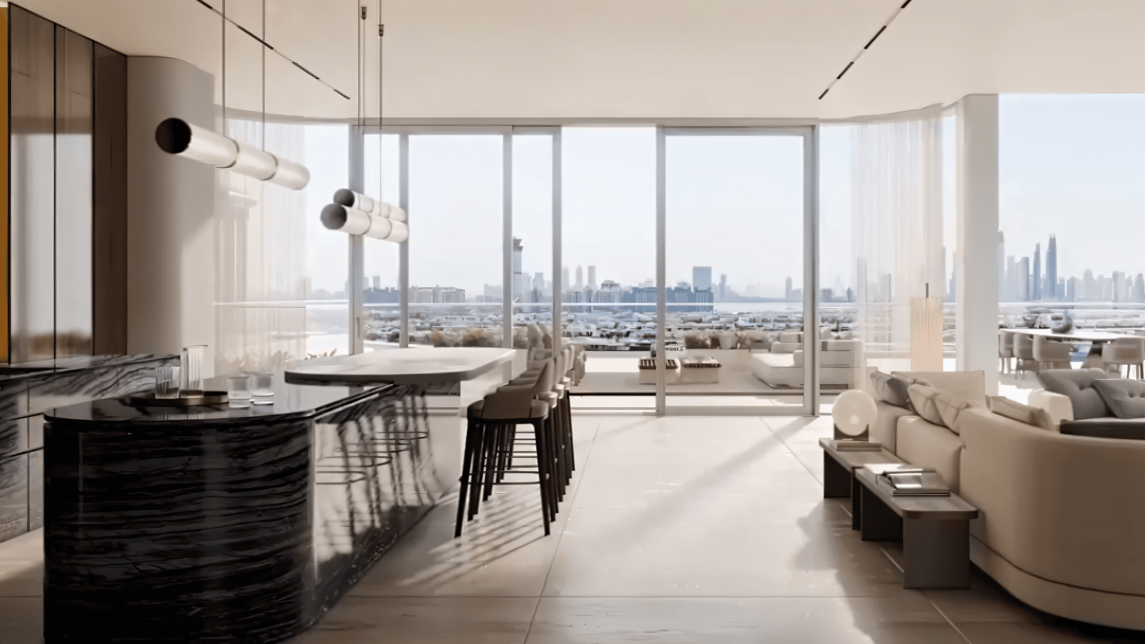  A modern living room featuring sleek furniture and a panoramic view of the city skyline, designed by Omniyat Bespoke.