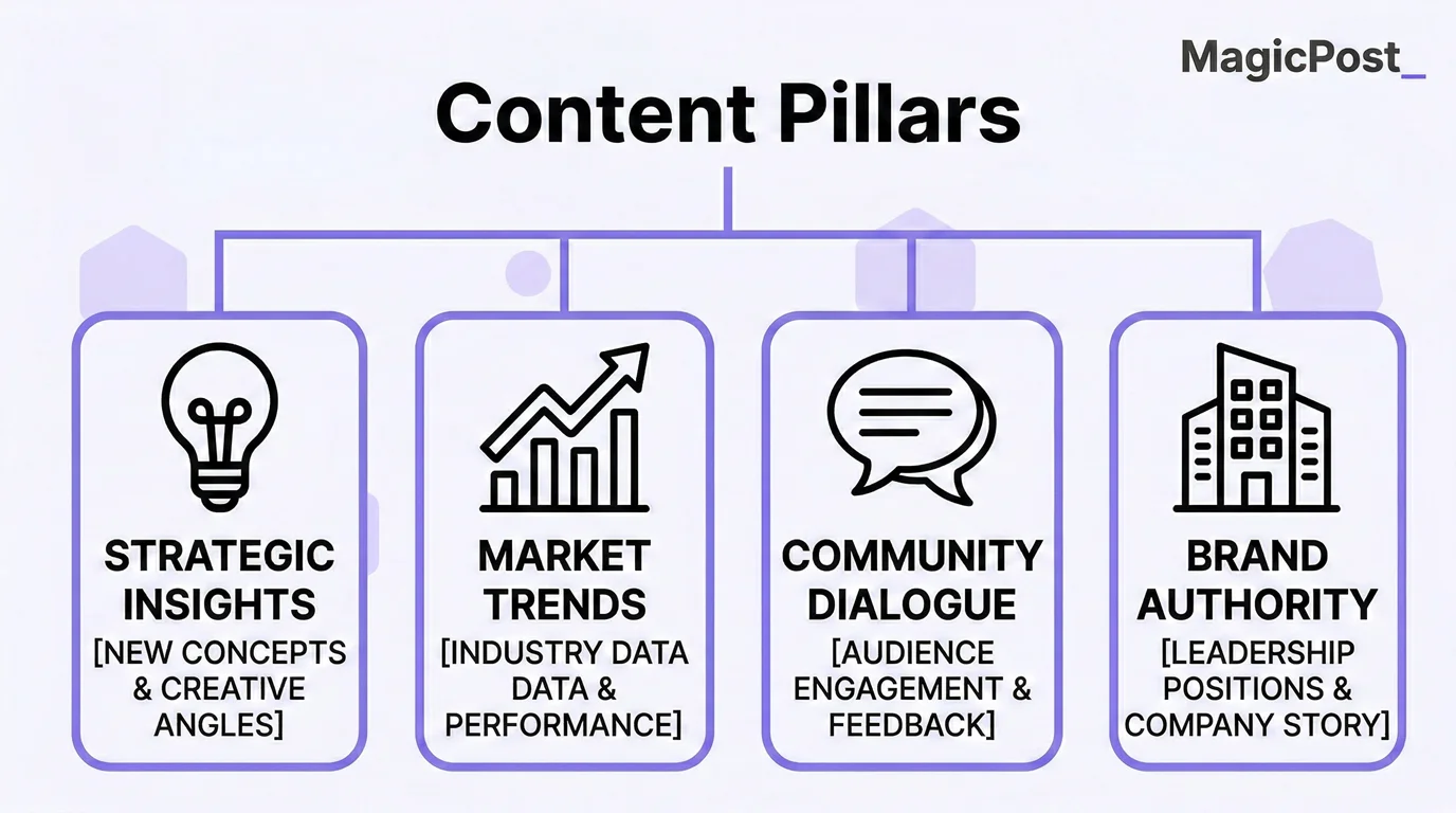Chart showing four LinkedIn content marketing strategy pillars: strategic insights, market trends, community dialogue, and brand authority