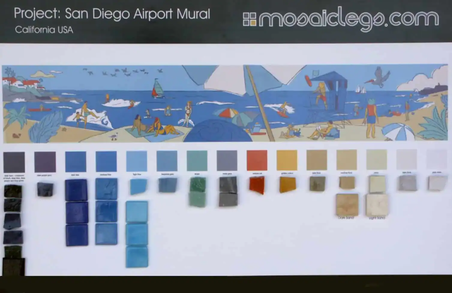 Mosaic mural at San Diego Airport celebrating the Pacific Ocean and coastal scenery.