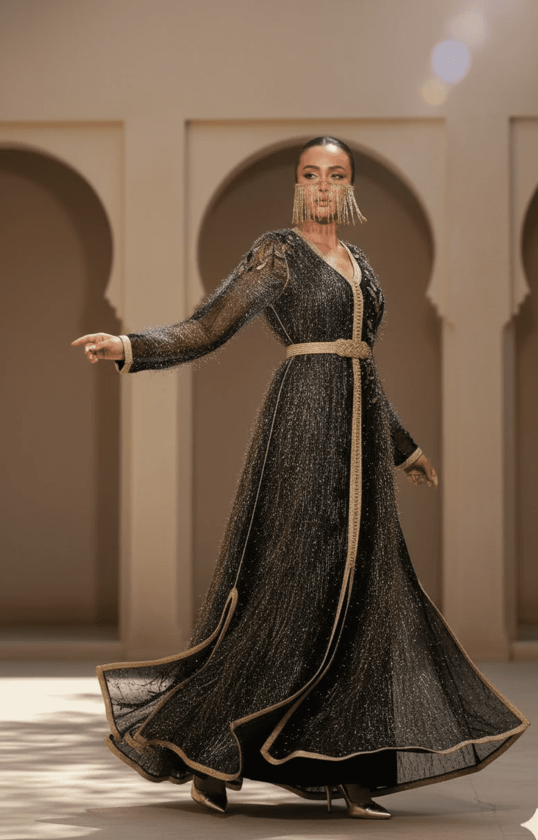 Black Moroccan caftan with gold embroidery, handcrafted couture piece made between Bahrain and Morocco