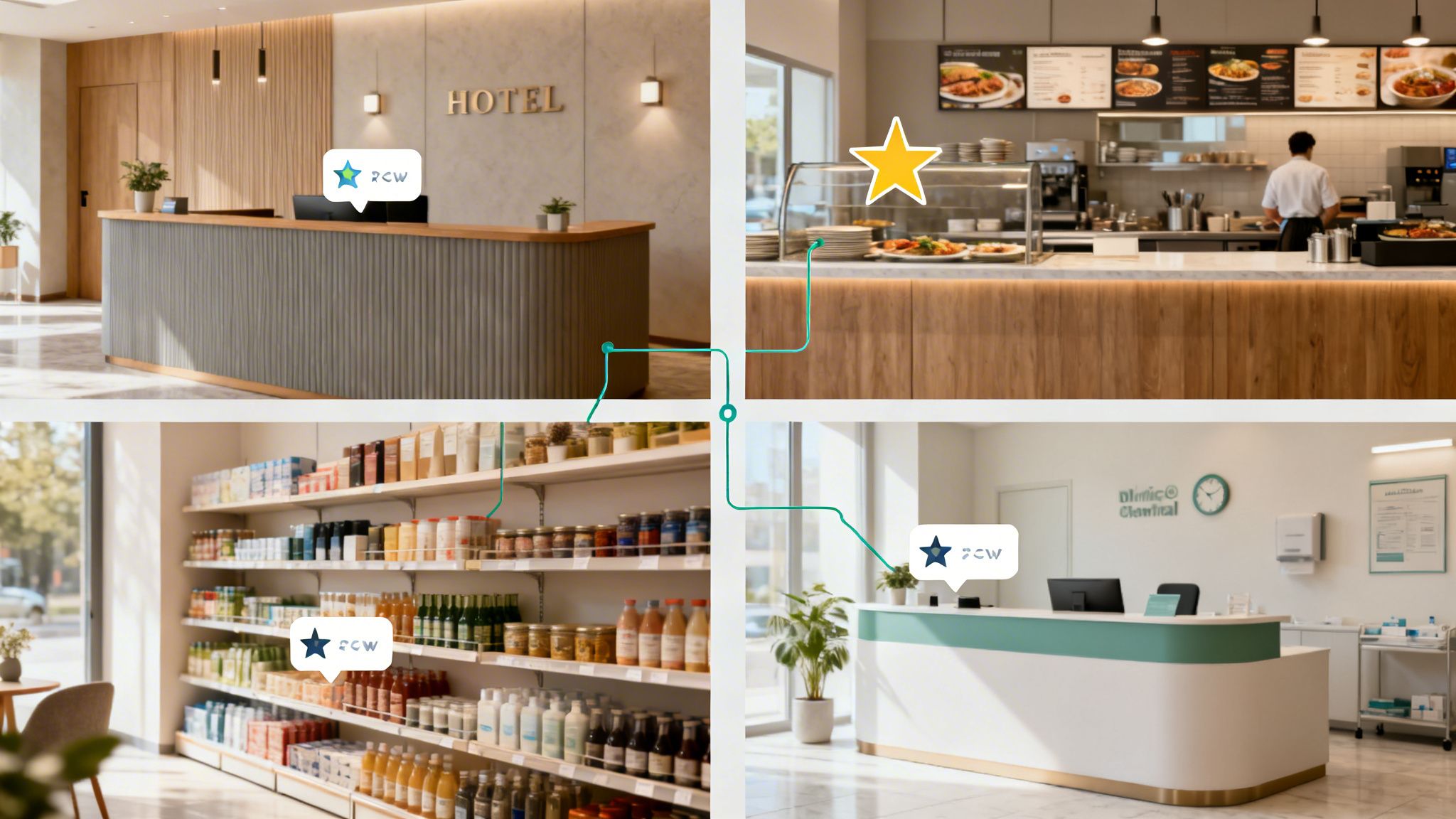 Four commercial locations: a hotel lobby, a cafeteria, a grocery store, and a clinic reception.