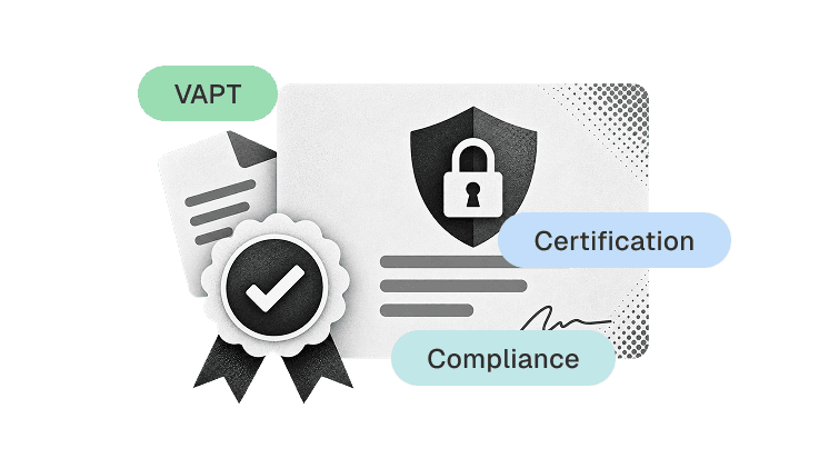 VAPT certificate illustration showing report contents, validity, security verification, and cost.